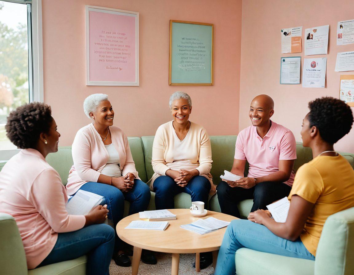 A warm and inviting scene depicting a diverse group of cancer survivors sharing their stories in a cozy support group setting. The background features inspirational quotes on calming pastel walls, alongside cancer care resources like pamphlets and information flyers. Soft lighting creates a hopeful atmosphere, highlighting the resilience and strength of each individual. super-realistic. vibrant colors. warm tones.