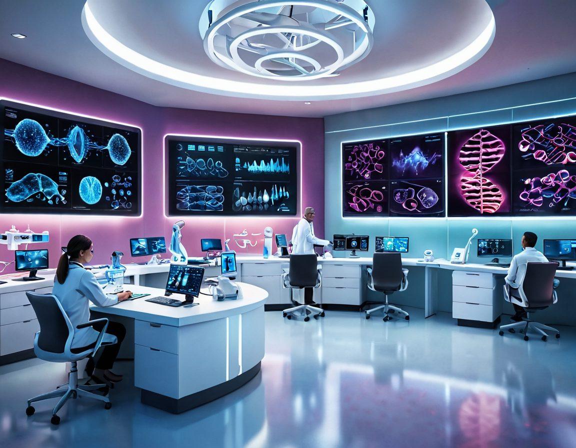 A dynamic representation of a modern oncology clinic with doctors and researchers collaborating on innovative cancer treatments. Include advanced medical equipment, molecular structures, and digital screens displaying research data. Surround the scene with symbols of hope like stylized DNA helices and vibrant healthy cells. Emphasize a feeling of innovation and collaboration. super-realistic. vibrant colors. 3D.