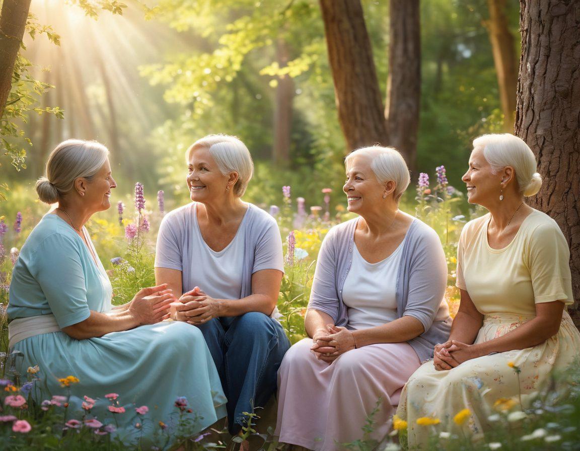 A warm and uplifting scene showcasing a diverse group of cancer survivors sharing their stories, surrounded by nature's beauty with sunlight filtering through the trees. Each survivor is engaged in thoughtful conversation, displaying expressions of hope and joy, while vibrant wildflowers bloom around them. Soft pastel colors convey a sense of serenity and inspiration. super-realistic. vibrant colors. nature background.